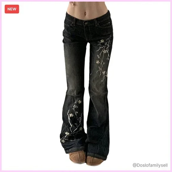Stretchy Flare Jeans Mid Rise Embroidery Vintage Denim Y2K Retro - Picture 1 of 8